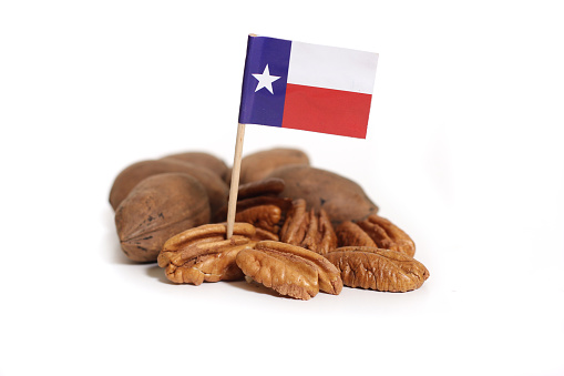 Shelled and Whole Pecans With Texas Flag Isolated on White Background