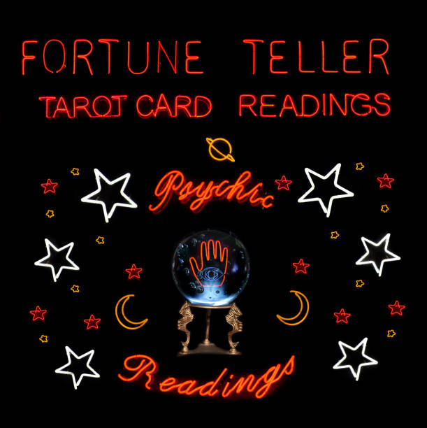 Fortune Teller Neon Sign With Crystal Ball Photo Composite Image stock photo