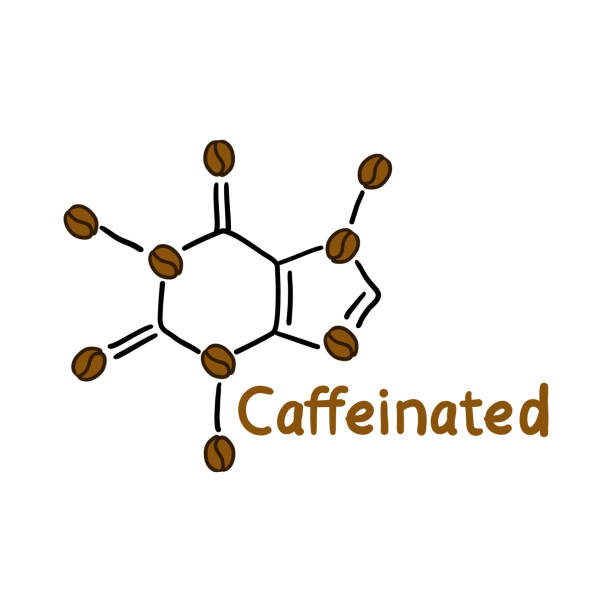 Caffeinated drink label with molecular formula Caffeinated drink label with molecular formula. Isolated on white atom structure with sign, coffee quality badge. Template espresso ingredient emblem design, vector illustration caffeine molecule stock illustrations