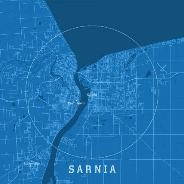 Vector illustration of Sarnia ON City Vector Road Map Blue Text