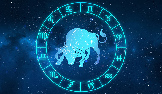Taurus horoscope sign in twelve zodiac with galaxy stars .\