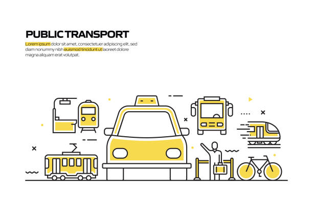 대중 교통 개념, 라인 스타일 벡터 일러스트레이션 - transportation bus mode of transport public transportation stock illustrations