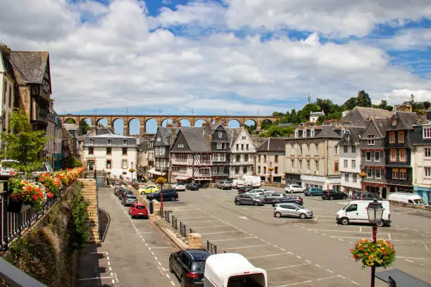 The Place Allende in the old town of Morlaix and its viaduct built in the nineteenth century in the city center, at 18/135, 100 iso, f 11, 1/160 second