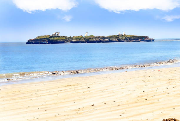 the sandy nagaon beach with it's blue water in the distance at diu, gujarat, india. the brown muddy water and with a sandy beach. view of arabian. the indian ocean and iconic font of diu. - horizontal landscape coastline gujarat imagens e fotografias de stock