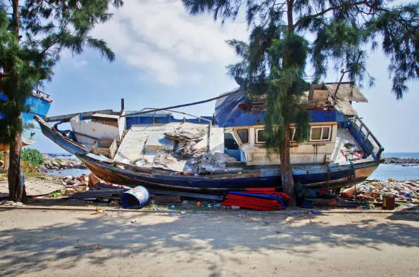 Photo of Old fishing boat in Dondra harbor in Sri Lanka.