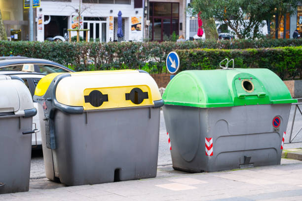 istock Recycling bins at city 1383853674