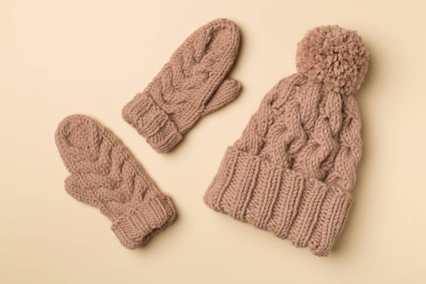 istock Brown winter hat and mittens on color background. Top view 1383853739