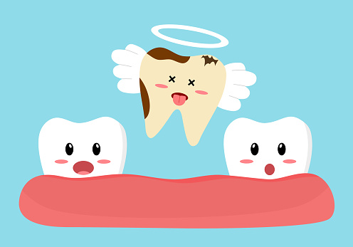 Dead funny cute tooth cartoon character in flat design. Dental cavity or tooth decay concept vector illustration.