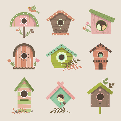 Birdhouse. Decorative colored wooden homes for flying birds garden vintage castles on tree recent vector illustrations. Bird house and box wooden