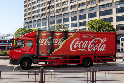 Hong Kong - March 10, 2022 : General view of the Coca-Cola Delivery Truck in Kowloon, Hong Kong.