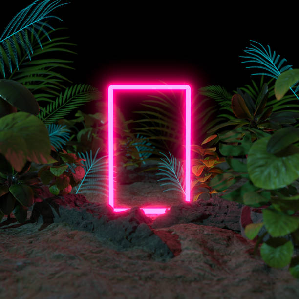 istock Colorful 3D Abstract Landscape Design of Empty Frame Created by Neon Lighting on Sand 1383858646