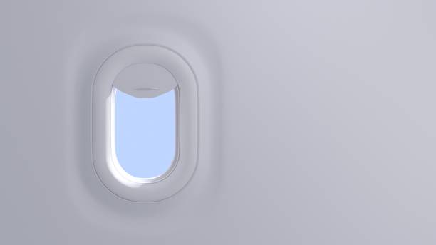 istock Airplane window, 3d render. Realistic aircraft porthole with open curtain and sky view, plane cabin interior in flight. Mockup illuminator of plastic and plexiglass for passenger safety. Travel banner 1383858831