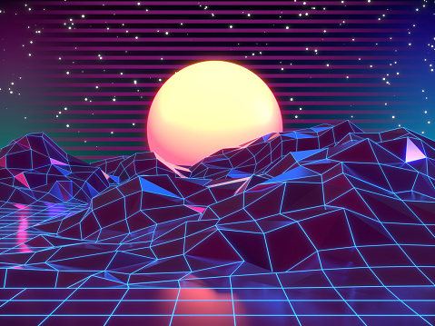 80s vaporware styled landscape with blue grid mountains and sun over arcade space planet canyon. Easy to crop for all your social media, print and design needs.