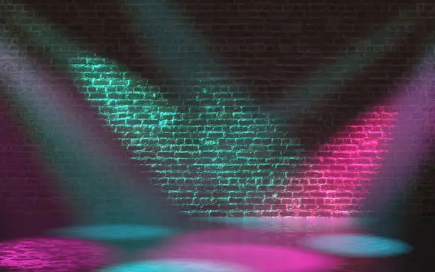 3D colorful empty brick background of blue and purple neon spotlights. Easy to crop for all your social media, print and design needs.