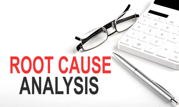 ROOT CAUSE ANALYSIS Concept. Calculator,pen and glasses on white background stock photo