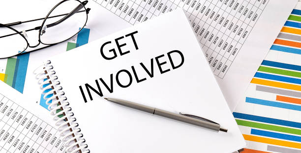 istock Notebook with text GET INVOLVED . Diagram and white background,Business 1383862939