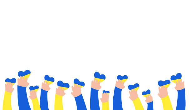 ilustrações de stock, clip art, desenhos animados e ícones de kids hands holding hearts in blue and yellow colors, copy space. love ukraine concept. place fot text, vector background. - ucrania