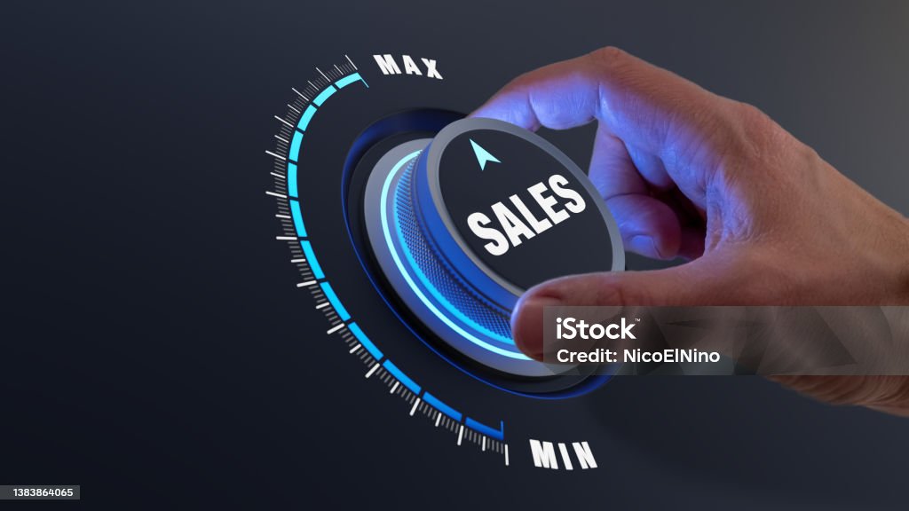 Increase sales volume, profit and revenue concept. Successful marketing strategy improving lead conversion. Business person turning knob to maximum income. Growth boost. Sales Occupation Stock Photo
