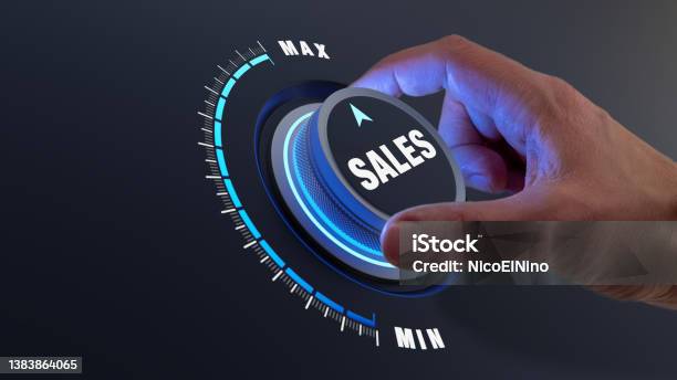 Increase Sales Volume Profit And Revenue Concept Successful Marketing Strategy Improving Lead Conversion Business Person Turning Knob To Maximum Income Growth Boost Stock Photo - Download Image Now