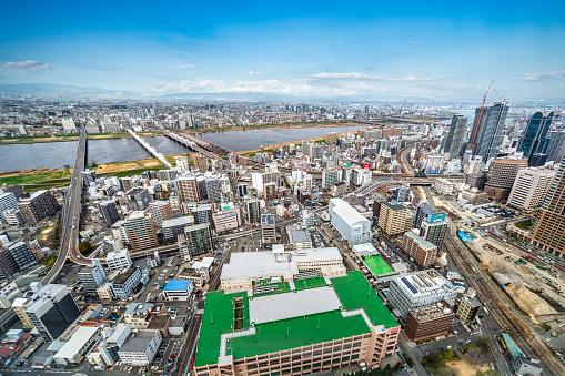 Aerial view of Osaka Skyline with Yodo river, Japan
