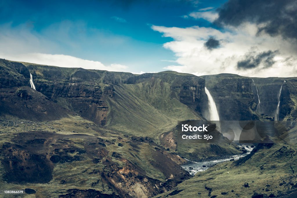 View on the Haifoss waterfall from the Fossa river in Iceland View on the Haifoss waterfall from the Fossa river in Iceland. Animal Wildlife Stock Photo