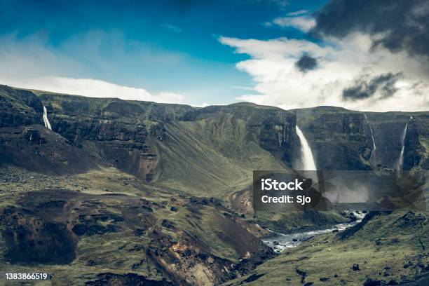 View On The Haifoss Waterfall From The Fossa River In Iceland Stock Photo - Download Image Now