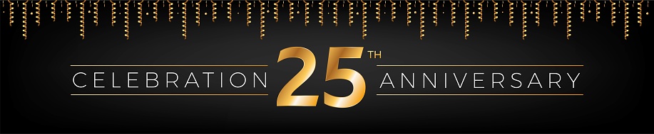 25th anniversary. Twenty-five years birthday celebration horizontal banner with bright golden color.