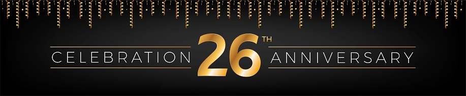 26th anniversary. Twenty-six years birthday celebration horizontal banner with bright golden color.