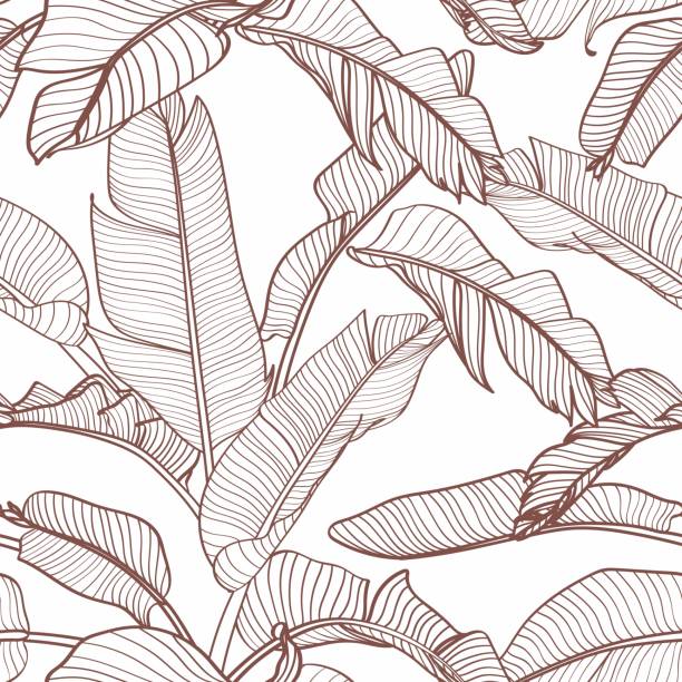 illustrazioni stock, clip art, cartoni animati e icone di tendenza di motivo floreale senza cuciture con foglie di banane tropicali. foglie tropicali in stile retrò. modello disegnato a mano. line art. - banana leaf
