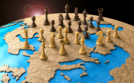 símbolo de la geopolítica en el mundo con piezas de ajedrez. Ilustración 3D photo