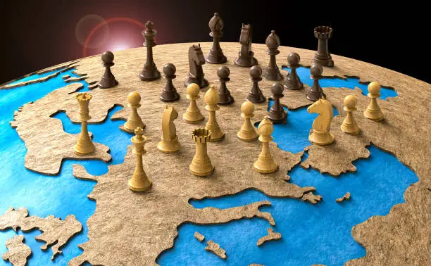 Photo of symbol of geopolitics in the world with chess pieces. 3D illustration