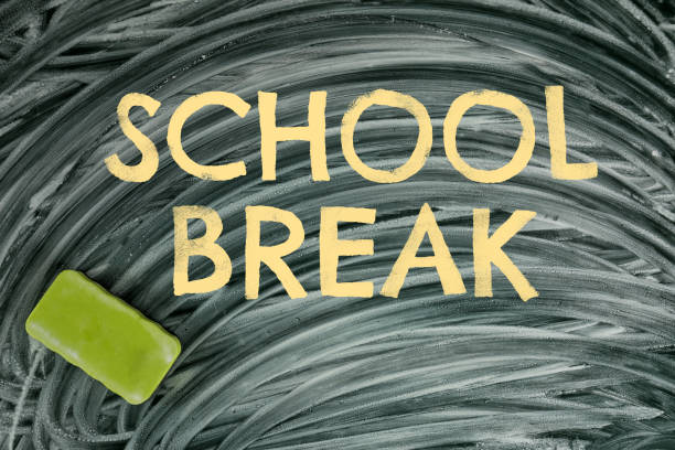 istock Text School Break and duster on greenboard, top view. Seasonal holidays 1383872225