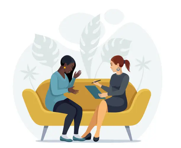 Vector illustration of Psychologist counseling a sad African young woman.