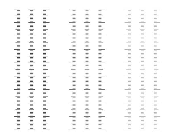 vektordarstellung verschiedener größenindikatoren, die auf weißem hintergrund isoliert sind. satz von messinstrumentenlinien im flachen stil. vertikale messskala. markup für lineale. vorlage für die balkenpegelanzeige. - lineal stock-grafiken, -clipart, -cartoons und -symbole