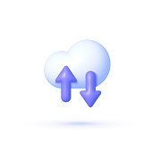 3d clouds arrow for concept design. Technology security. Cloud computing. Business icon. 3d vector icon. Data storage. Arrow vector icon. Abstract digital background. Blue background.