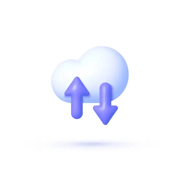 Vector illustration of 3d clouds arrow for concept design. Technology security. Cloud computing. Business icon. 3d vector icon. Data storage. Arrow vector icon. Abstract digital background. Blue background