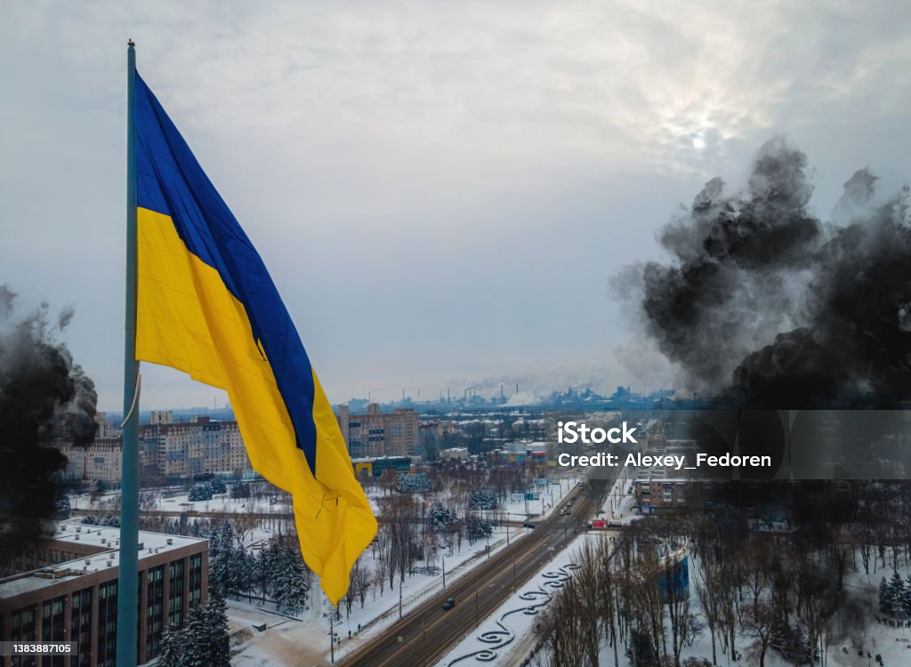 The aerial view of the Ukraine flag in winter Ukraine Stock Photo