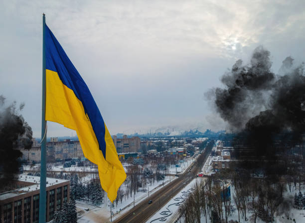 The aerial view of the Ukraine flag in winter stock photo