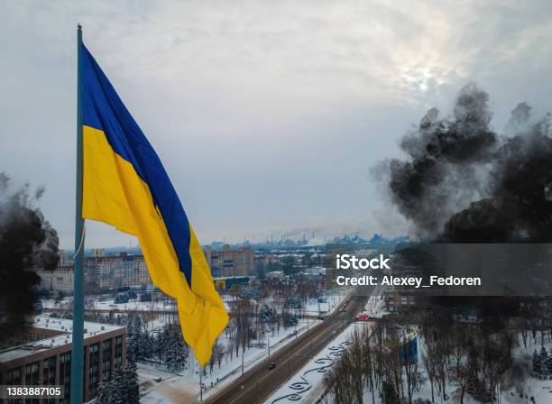 The Aerial View Of The Ukraine Flag In Winter Stock Photo - Download Image Now - Ukraine, War, 2022