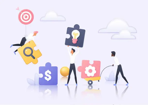 Vector illustration of Collaboration of business partners, tiny team of people holding puzzle pieces to connect