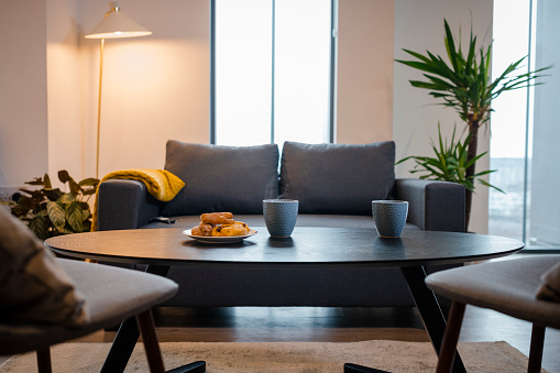 A modern living room interior in an apartment in Newcastle Upon Tyne. There is a coffee table with two cups of coffee and a plate of baked pastry items.