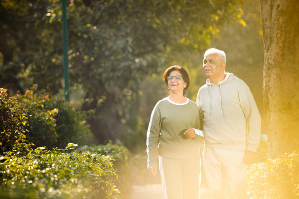 istock Senior couple walking at park 1383890768