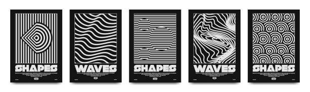 Collection of modern geometric and waves posters. In rave style, stylish print for streetwear, print for t-shirts and sweatshirts, isolated on black background Collection of modern geometric and waves posters. In rave style, stylish print for streetwear, print for t-shirts and sweatshirts, isolated on black background acid stock illustrations