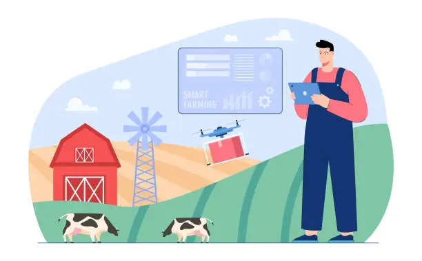 Vector illustration of Farmer with tablet analyzing data about cows