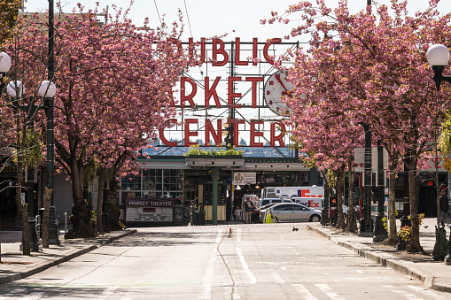 Seattle, USA – April 13, 2020: Late in the day the empty street by Pike Place Market at the height of the Coronavirus city wide shutdown.