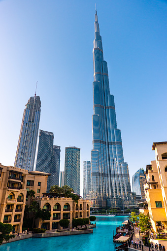 January 20, 2024: The tallest buildings in the world - Burj Khalifa during sunny day in the centre of the city of Dubai, United Arab Emirates