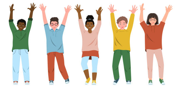 Happy children jumping with raised hands. Different pre teen or teenage energetic kids in motion. Active classmates or schoolchildren having fun. Happy children jumping with raised hands. Different pre teen or teenage energetic kids in motion. Active classmates or schoolchildren having fun. Flat vector cartoon illustration isolated on white junior high age stock illustrations
