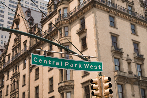 New York, USA - June  2, 2019: Central Park West street sign in Manhattan late in the day.