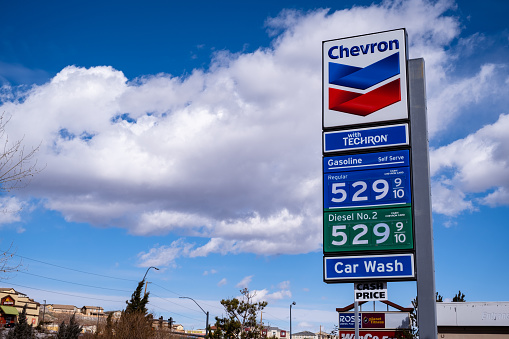 Reno, NV USA - March 9, 2022: Gas prices surge to over $5 a gallon during the attack on Urkrain.