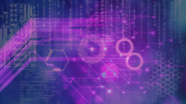 Purple Background of infographics shapes connected with data behind